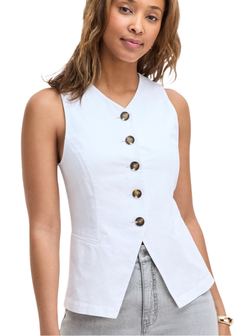🥥⚪️ ON 34th Linen-Blend Longline‎ Vest Top Button Down in Bright White ⚪️🥥